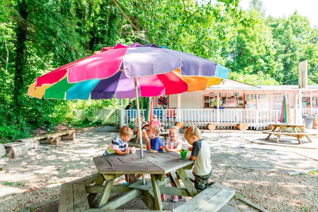 Group of kids eating ice cream at Dolly's Dairy Bar just outside of Pisgah National Forest