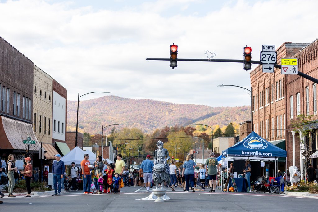 A wide shot of people on the street enjoying Halloweenfest in Downtown Brevard to celebrate Halloween